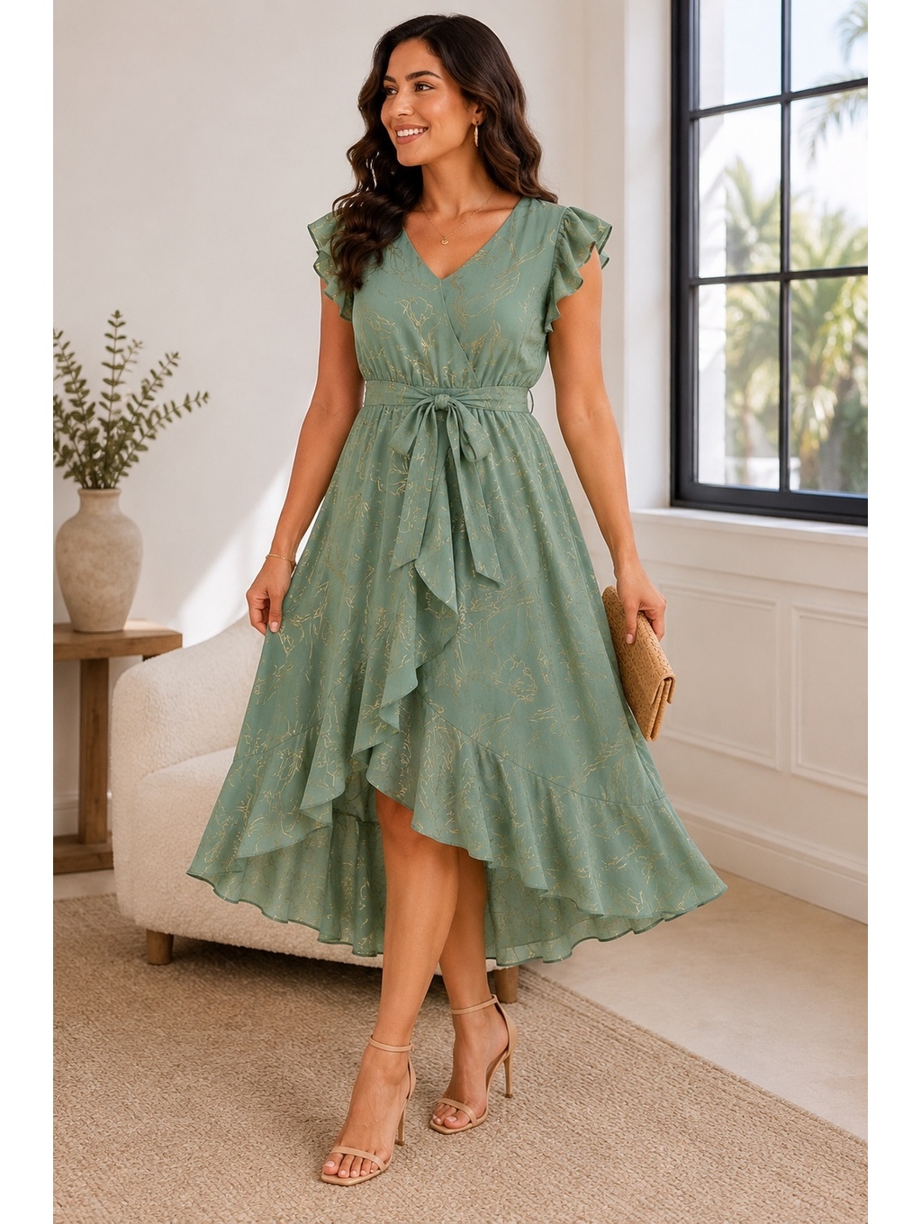 Allison  Kelly Seago Green Ruffle Wrap Dress Size 16